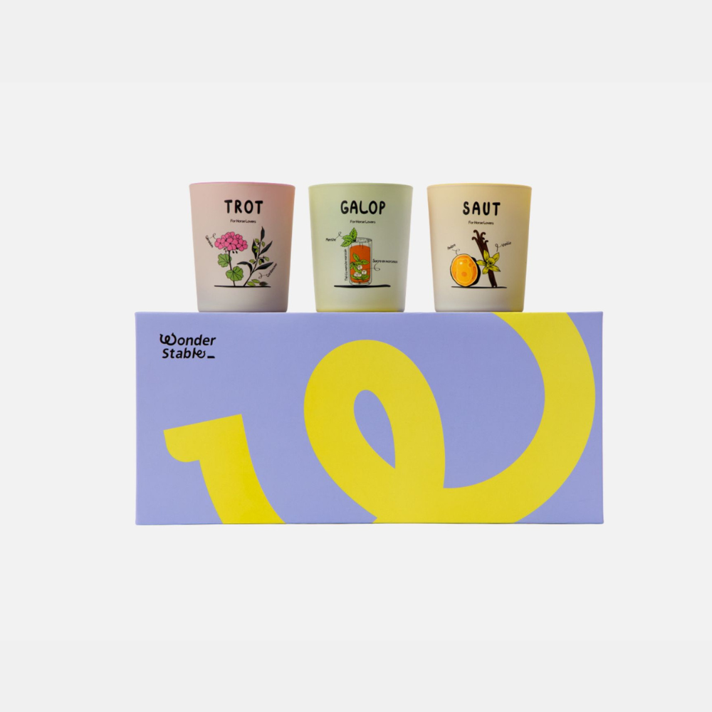 <p>Trot : géranium & cardamome</p> <p>Galop : menthe & sucre</p> <p>Saut: ambre & vanille</p> <p> </p>